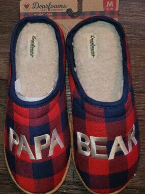 new DEARFOAMS PAPA BEAR MEMORY FOAM SLIPPERS sz MEDIUM 9/10 navy plaid red